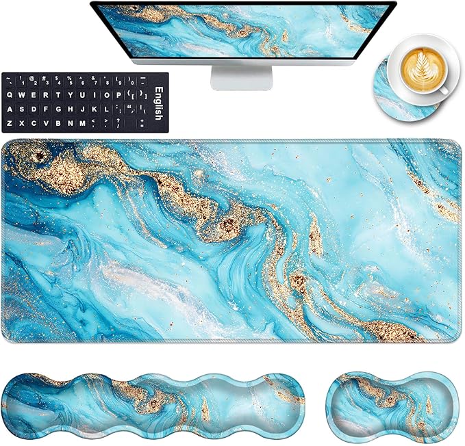 Keyboard Wrist Rest and Mouse Pad with Wrist Support Set Ergonomic CoasterMemory FoamEasy Typing Pain ReliefLarge XL Desk Mat 31.5x 11.8Abstract Marble Texture