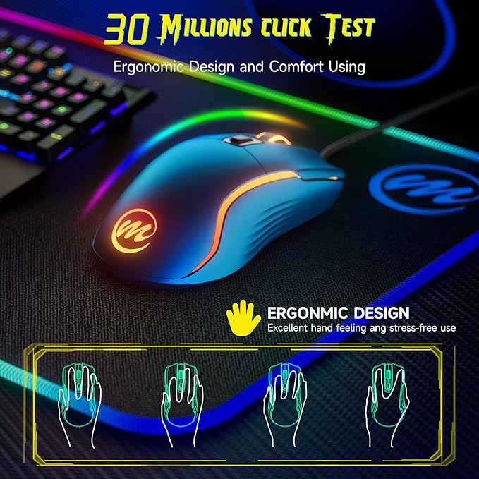 memzuoix Wired Gaming Mouse with RGB - 6 Adjustable DPI up to 12800 6 Buttons 12 Lighting Modes Ergonomic Design with Anti-Slip Rubber Wheel 5.6ft Braided Cable for PC/Mac/Windows - Blue