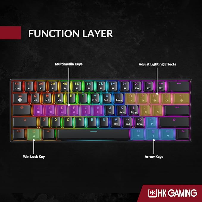 HK GAMING GK61 60% v3 | Hotswap Mechanical Gaming Keyboard | 61 Keys Multi Color RGB LED Backlit for PC/Mac Gamer | US Layout (Black Cherry Mx Brown)