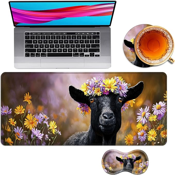 XL Extended Mouse Pad 31.5×11.8″ | Large Waterproof Desk Mat + Mouse Wrist Support | Ergonomic Gaming &amp Office Computer MousepadFloral Crown Black Goat