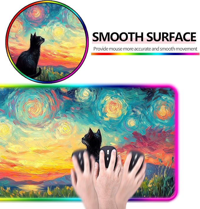 RGB Cute Black Cat Fantasy Starry Night Gaming Desk Mat Computer Keyboard Large Extended Long Animal LED Mouse Pad for Office and Home XL (W03)