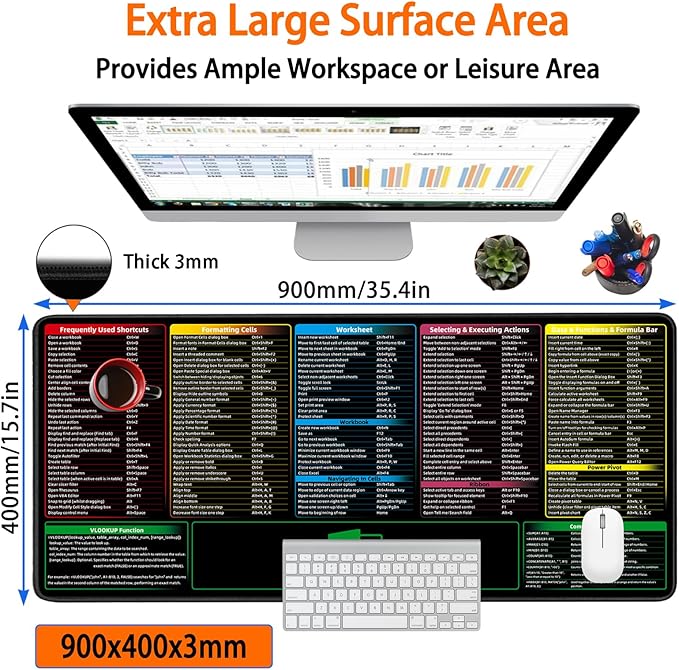 Excel Shortcuts Mouse PadExtended Large XXL（35.4x15.7x0.12in） Cheat SheetGaming MousepadGiant PC Office Excel Desk PadWaterproof Keyboard MatNon-Slip Rubber BaseStitched Edges