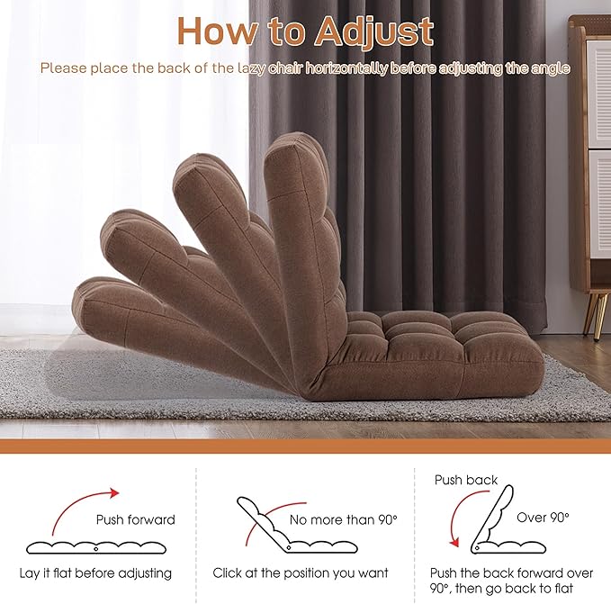 Floor Chair with Back Support Folding Chair with 6 Adjustable Position Padded Sleeper Bed Floor Gaming Chair Meditation Chair Gaming Floor Chairs for Adults (Country Rustic Brown)