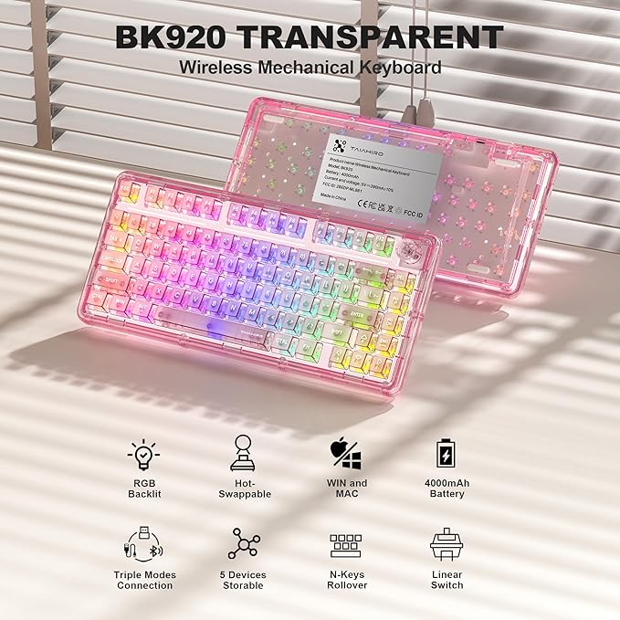 Transparent Mechanical Keyboard 80-Key RGB Backlit Wireless Gaming Keyboards Hot Swap Customizable Clear Acrylic Design Quiet Linear Switches 3 Modes BT5.0/2.4G/USB-C 4000mAh Battery (Pink)