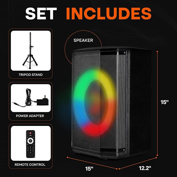 Pyle Portable Bluetooth Speaker with 8 Inch Woofer TWS Function Mic Input USB/Micro SD/FM Radio Colorful Ring Lights 120W Rechargeable Battery Tripod Stand Hi-Fi Sound Indoor/Outdoor Use