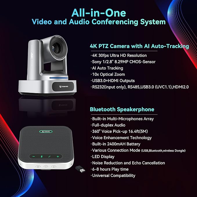 TONGVEO 4K AI PTZ Camera with 10X Optical Zoom &amp Bluetooth Conference Speakerphone Auto Tracking Video Conferencing System with 360° Voice Pickup HDMI USB Webcam for Church Zoom Teams