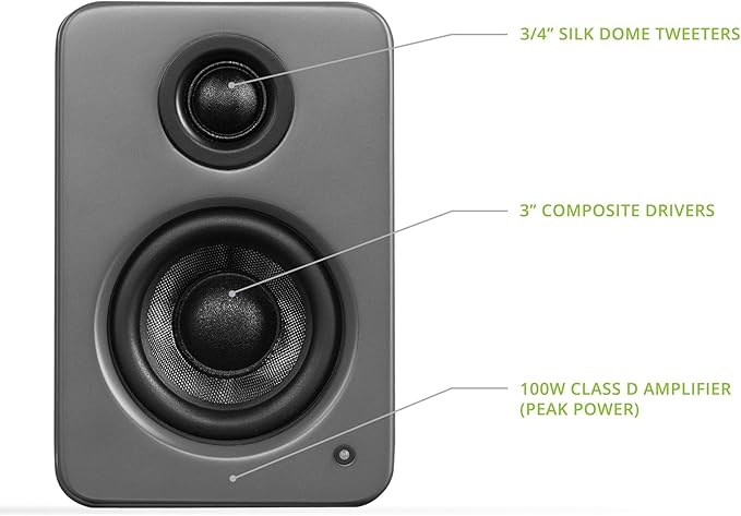 Kanto YU2MG PC Gaming Desktop Speakers | 3 Composite Drivers | 3/4 Silk Dome Tweeter | Class D Amplifier | 100 Watts | Built-in USB DAC | Subwoofer Output | Pair | Matte Grey