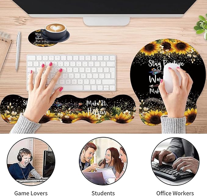 3 in 1 Keyboard Wrist Rest + Mouse Pad and Coaster Ergonomic Gel Mouse Pad and Keyboard Pad Set Comfortable Lightweight for Easy Typing Pain Relie Sunflower Inspirational Quote