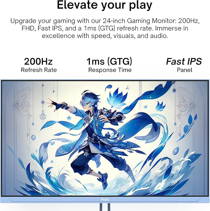 Pixio PX248 Wave Blue 24 inch 200Hz Refresh Rate FHD 1080p Resolution Fast IPS Panel 1ms GTG Response Time Gaming Monitor and PS1S Wave Blue Single Monitor Arm - Fits up to 32 inches and 19.8lbs