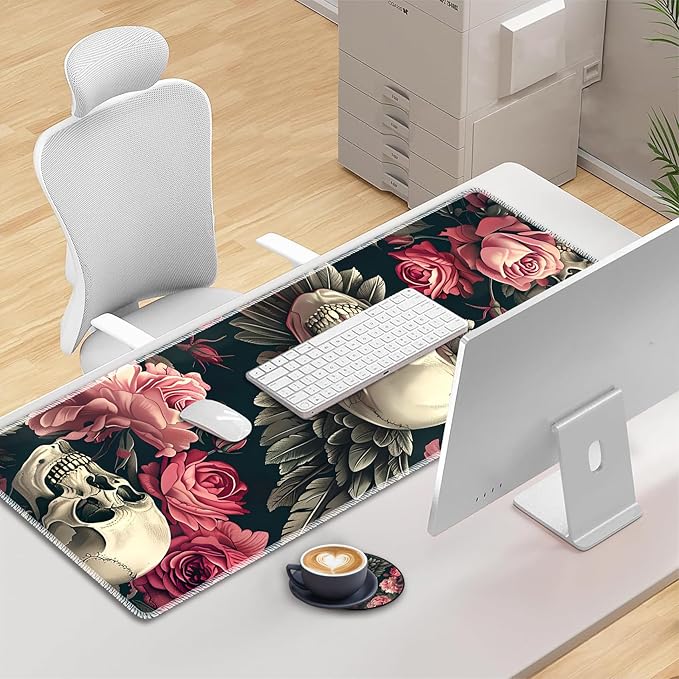 3-in-1 Large Mouse Pad Gaming Set (31.5 x 11.8 inch)+ Wrist Rest Pad + Coaster Memory Foam Gel Wrist Rest Pad for Pain Relief Stitched Edges Non-Slip Table Mat Rose Winged Skull