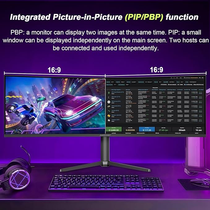 Amzfast 49 Inch Curved Monitor 120Hz DQHD 5120x1440p Ultrawide Gaming Monitor 120% sRGB 1500R 1ms MPRT HDR Adaptive Sync PIP/PBP Height Adjustable HDMI 2.0/DP 1.4 VESA 75x75 AMZG49C7U