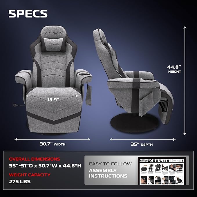 RESPAWN 900 Console Gaming Recliner with Footrest and Lumbar Support - Comfortable Ergonomic Gaming Chair with Headrest No Wheels Reclining Heavy Duty Racing Style Video Game Chairs - Gray Fabric