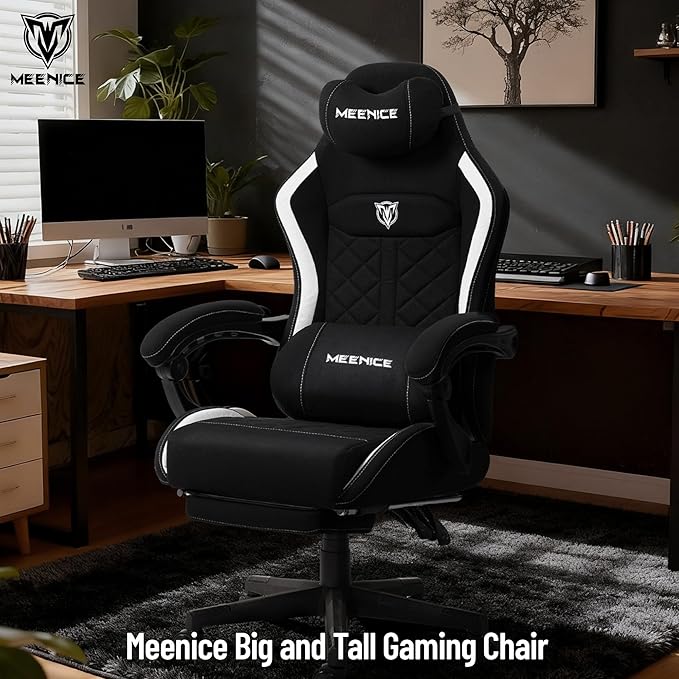 Big and Tall Gaming Chair Fabric with Pocket Spring Cushion High Back Heavy Duty Gaming Chairs for Adults with Massage Lumbar Support Ergonomic Computer Chair with Footrest for 400LBS Black