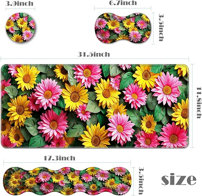 Ergonomic Keyboard Wrist Rest &amp Mouse Pad Wrist Rest SetXL Gaming Desk Mat 31.5x 11.8Non-Slip BaseMemory FoamEasy Typing Pain Relief for Office &amp HomePink and Yellow Sunflowers