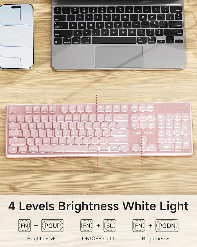 V3 Wireless Keyboard and Mouse with Single Backlit Metal Panel Bluetooth/2.4G Rechargeable Computer Keyboard and Mouse Combo Silent Lighted Full Size Cute Keyboards-Pink