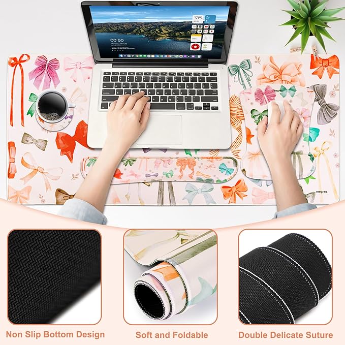 MEGREZ 4-in-1 Ergonomic Memory Foam Wrist Rest Set Desk Pad Mouse Pad with Wrist Rest Keyboard Pad Suitable for Office Workers Programmers &amp Gamers–Relieve Typing &amp Gaming Fatigue White