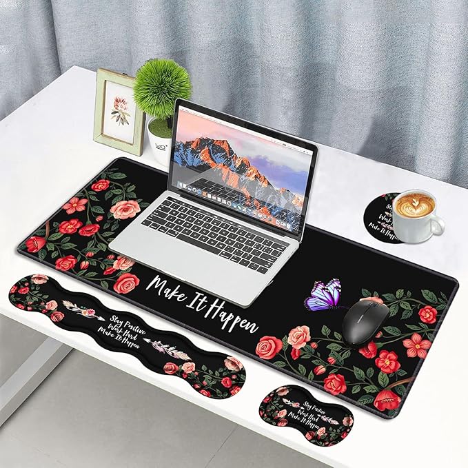 Ergonomic Memory Foam Mouse Pad Wrist Rest SetStay Positive Work Hard and Make It Happen Inspirational Quote Large Desk Pad + Keyboard Wrist Rest + Mouse Wrist Cushion + Coaster for Home Office Study