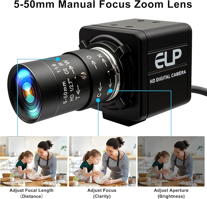 MMlove 8MP USB Camera High Speed 30fps 5-50mm 10X Optical Zoom Lens 2448P USB Webcam Manual Close up Zoom in and Out Golf Swing Camera for Industrial Machine Vision Support PC Raspberry Pi