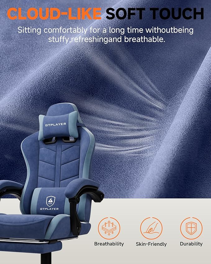 GTPLAYER Gaming Chair for Adults Ergonomic Computer Gaming Chair with Footrest Height Adjustable 90-155° Recline &amp Removable Headrest Lumbar Support Blue