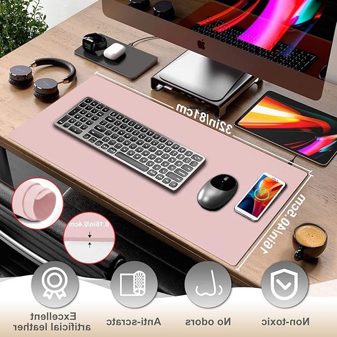 Desk Mat with Wireless Charging Pink Mouse Pad with Wireless Charger Desk Pad Matt for Desktop Mousepad Gaming Large Mouse Pad Leather Compute for Keyboard and Mouse 32 x 16