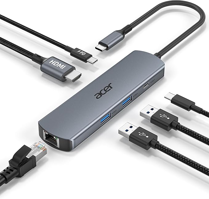 acer 6 in 1 USB C Hub 4K@60Hz USBC to HDMI Adapter with 1000Mbps Ethernet 100W PD Charging USB A/USB C Data Ports USB C Splitter for MacBook Pro/Air Acer iPad iPhone 17/16/15