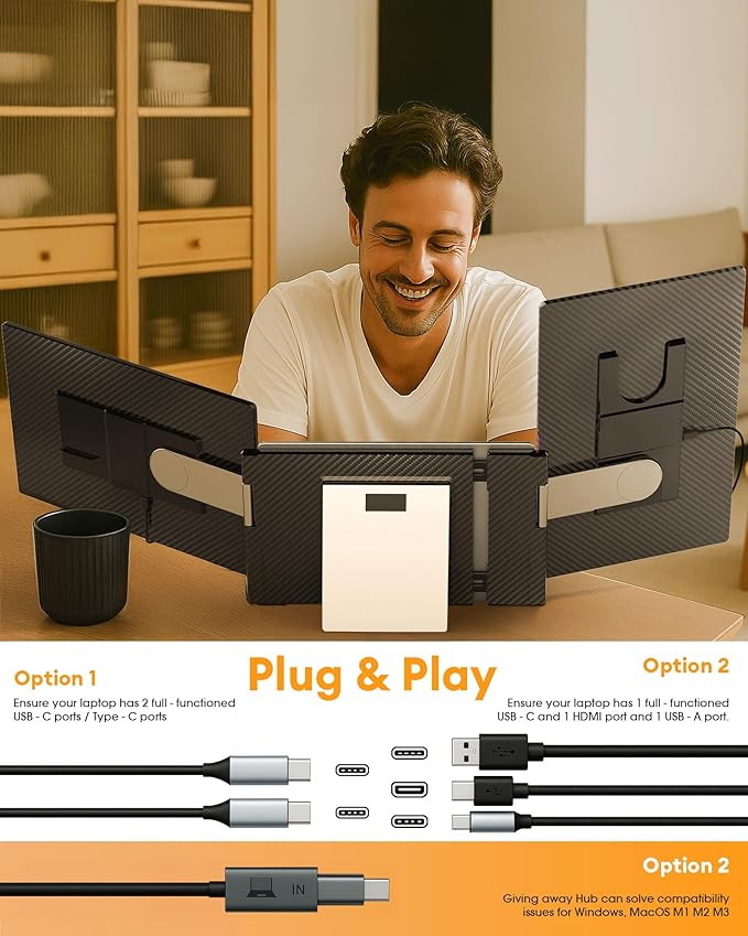 NGTeco 16 Triple Laptop Screen Extender 1200P IPS Extended Monitor Portable Plug &amp Play Rotation Detachable Screen Compatible with Windows/Mac/Chrome OS