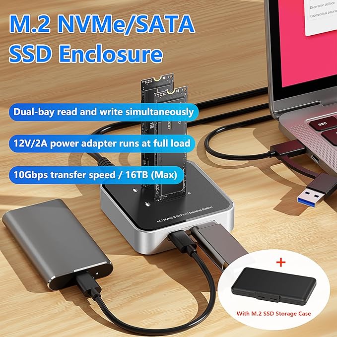 MiliPow Dual Bay M.2 NVME SATA SSD Enclosure USB 3.2 10Gbps HUB PCIE NVMe Docking Station Up to 16TB Plug and Play with M.2 SSD Storage Case
