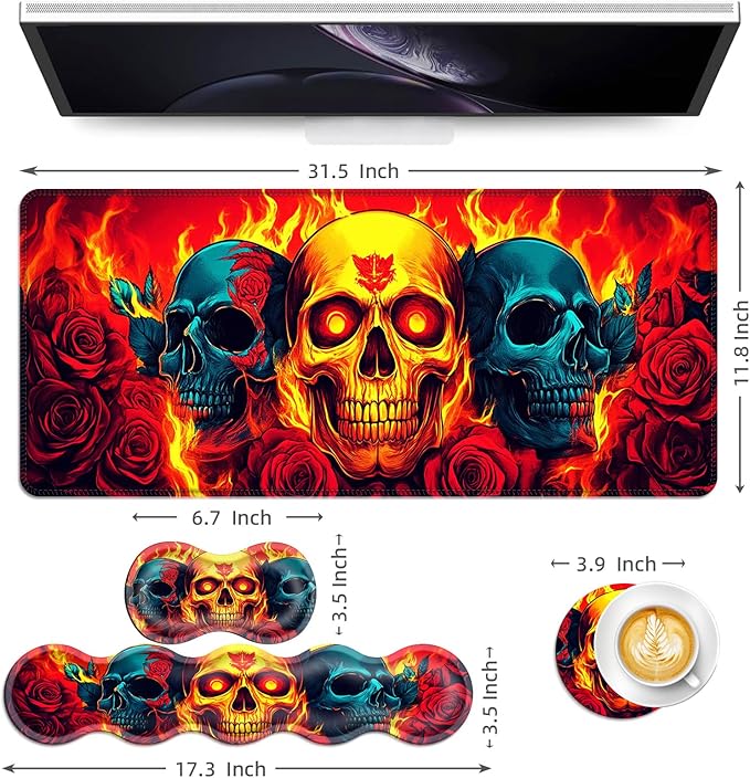 Keyboard Mouse Pad Set Extended Gaming Mouse Pad+Ergonomics Keyboard Wrist Rest Support Memory Foam Easy Typing Pain Relief 4Pcs XL Ultra Thick Desk MatFlaming Skulls and Roses