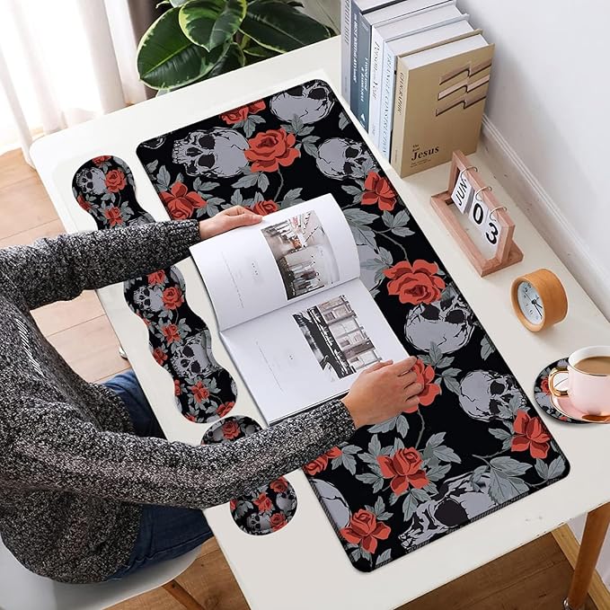 4 in 1 Mouse Pad Combo Large Gaming Mouse Pad + Keyboard Wrist Support + Mouse Wrist Rest + Coaster Table Pad with Stitched Edge Memory Foam Ergonomic Wrist Pad Set Human Skulls Vintage Roses