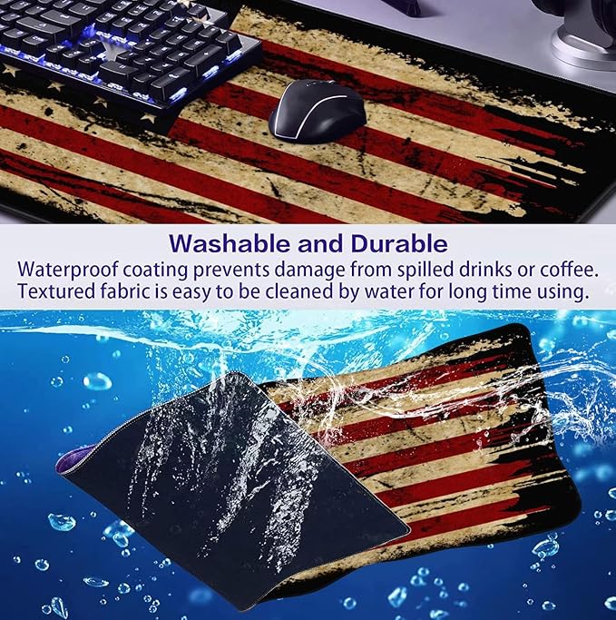 Large Extended Gaming Mouse Pad with Stitched Edges Non-Slip Waterproof Rubber Base Mouse Pad for Office Computer Keyboard Laptop and Home Desk Pad 35.4 x 15.7 x 0.12 Inch (American Antique Flag)