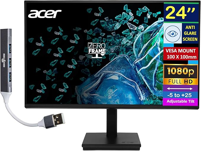 acer Vero V7 V247 Gbmipx 24 FHD IPS Monitor with 4ms Response Time Anti Glare VESA Mount (100mm) HDMI VGA &amp Dockztorm USB Port Expander Black Color (UM.QV7AA.G05)