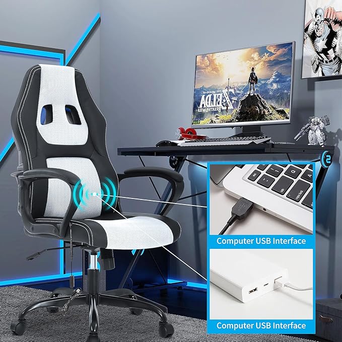 Video Gaming Chair with Massage Function Ergonomic Computer Desk Chairs Home Office Desk Chair with Lumbar Support Adjustable Height Swivel Wheels White