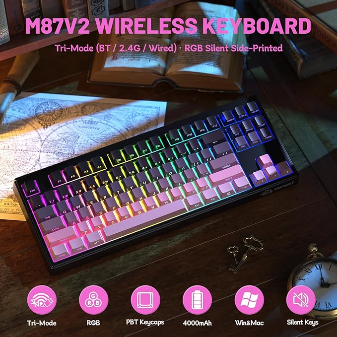 M87V2 Wireless Keyboard Low Profile Quiet Typing Membrane Gaming Keyboard with 80% TKL Layout Side Printed Keys RGB Backlit USB C Rechargeable87 Keys PBT Keycap for Windows PCMacLinux-Blackberry
