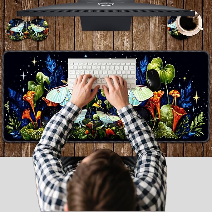 Ergonomic Keyboard Wrist Rest &amp Mouse Pad Wrist Rest SetXL Gaming Desk Mat 31.5x 11.8Non-Slip BaseMemory FoamEasy Typing Pain Relief for Office &amp HomeButterflies in Starry Forest