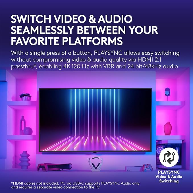 Logitech G Astro A50 X Multi-Platform Wireless Gaming Headset + Base Station for PS5/Xbox/PC: PLAYSYNC Video &amp Audio Switcher HDMI 2.1 4K 120Hz VRR &lt24bit/48kHz 24hr Battery 2.4GHz &amp BT