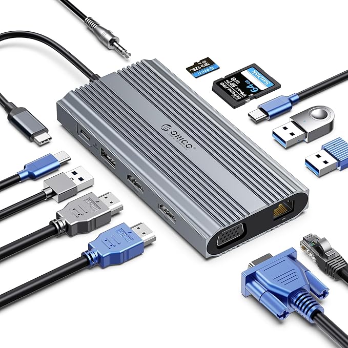 Docking Station USB C to Dual HDMI Adapter ORICO 12 in 1 USB C Hub with Dual HDMI VGA 100W PD Ethernet 2 USB-A 3.1 1 USB 2.0 1 Type-C 3.1 SD/TF Audio Compatible for Windows/Mac OS（Grey）
