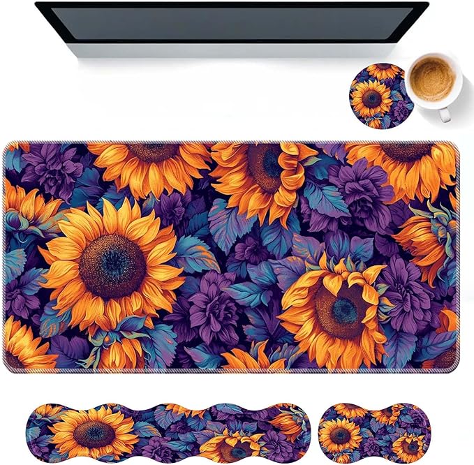 Keyboard Mouse Pad SetLarge Desk Pad+Keyboard Wrist Rest+Mouse Pad Wrist Support+CoasterEasy Typing Pain Relief Non-Slip Mousepad Wrist Support Mousepad Set Home OfficeSunflower
