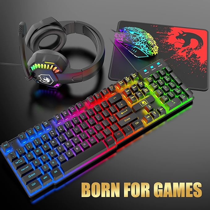 Wired Gaming Keyboard and Mouse Headset ComboRainbow LED Backlit Wired KeyboardOver Ear Headphone with MicRainbow Backlit Gaming MiceMouse Padfor PCLaptopMacPS4Xbox(Black)