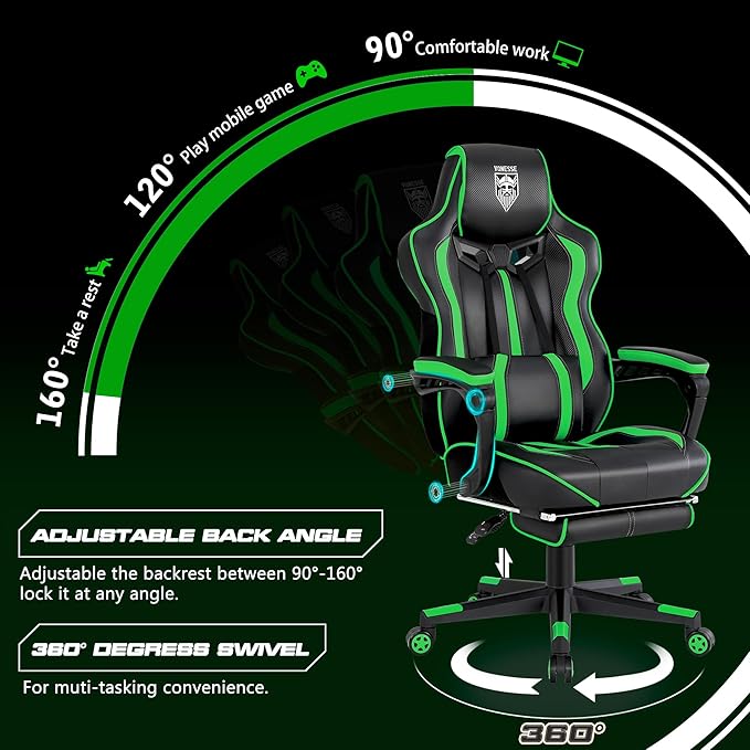 Vonesse Gaming Chair with Footrest Big and Tall Gamer Chair with Massage Reclining Computer Gaming Chair for Adults Ergonomic Game Chair for Teens High Back Video Game Chairs(Green/Black)