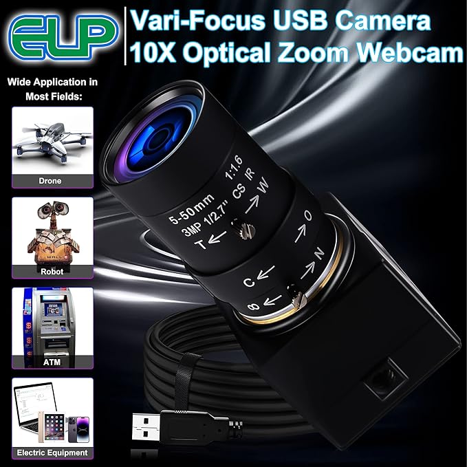 8MP USB Camera Manual Zoom 5-50mm Lens Webcam Variable Focus PC Camera Mini UVC USB2.0 USB with Camera for Computer IMX179 Close-up Camera Varifocal Web Camera with Zoom for Raspberry Pi Laptop