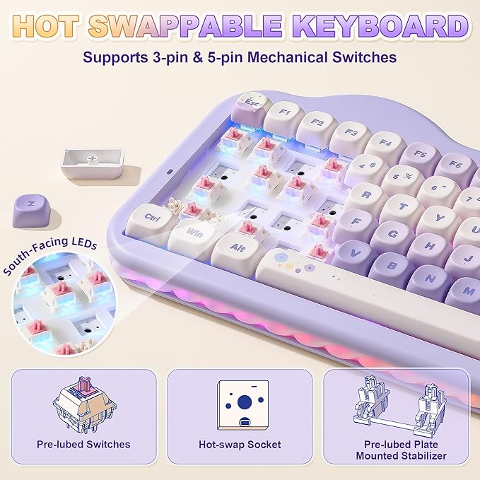 YUNZII C75 Wireless Mechanical Keyboard75% Layout Hot-Swappable NKROBT5.0/2.4G/USB-C ModeDye-Sub PBT MOA KeycapsRGB Gasket MountCute Cake Design for Mac/Win/Gaming (Purple Candy Switch)