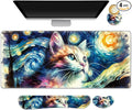 Large Gaming Mouse Pad Set 4 in 1 Ergonomics Keyboard Desk Mat Memory Foam Wrist Rest Computer PC Extended Game Mousepad Non-Slip Desk Matt Easy Typing Pain Relief I Starry Night Art Cat