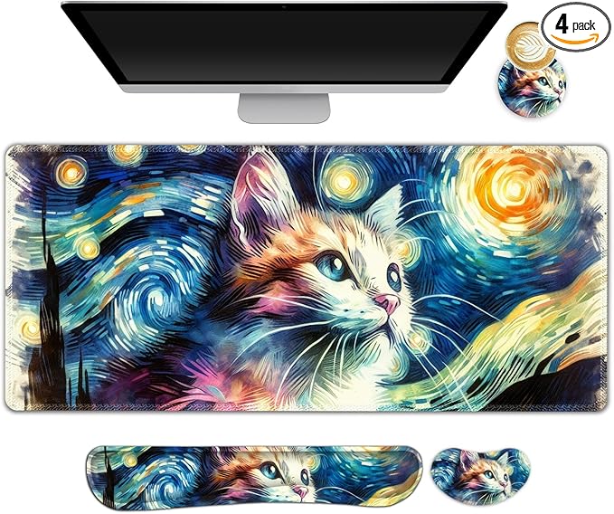 Large Gaming Mouse Pad Set 4 in 1 Ergonomics Keyboard Desk Mat Memory Foam Wrist Rest Computer PC Extended Game Mousepad Non-Slip Desk Matt Easy Typing Pain Relief I Starry Night Art Cat