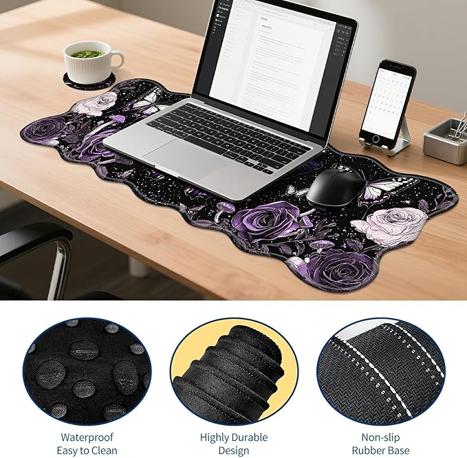4-Piece XXL Gaming Mouse Pad Set (31.5x11.8) with Keyboard Wrist Rest Mouse Wrist Support &amp CoasterErgonomic Non-Slip Desk Mat for Office &amp HomePurple Butterfly Flower