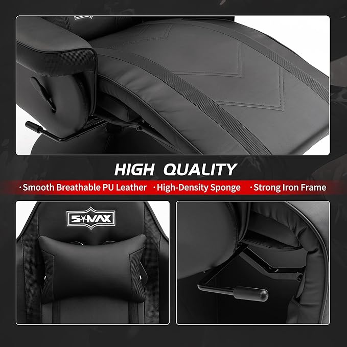 S*MAX Gaming Recliner Chair for Adults Racing Style Ergonomic High Back Swivel PU Leather Gaming Chair with Adjustable Backrest and Footrest Cup Holder Side Pouch Black
