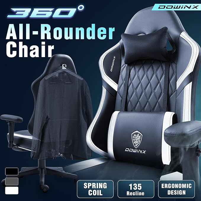 Dowinx LS-66T50EJP Gaming Chair with Pocket Spring Cushion and Hanger Massage Game Chair Pu Leather with Headrest Ergonomic Computer Chair with Footrest 300lbs for Adult Black Grey
