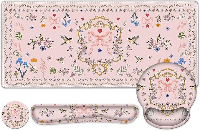 Romantic Pink Floral Mouse Pad XXL Large Desk Mat Extended Reading Desk pad 4PCS Non-Slip Rubber Base Computer Big Mousepads for Work Game Office Home Decor Gifts Accessories I Cute Collection
