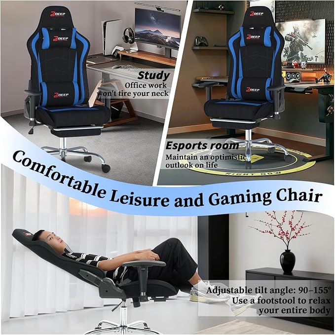 Fabric Gaming Chair Skin-Friendly and Breathable Manufactured by A Reputable Manufacturer Safe and Stable Specially Designed for Gaming.with Footrest Mg(1005-Deepblue)