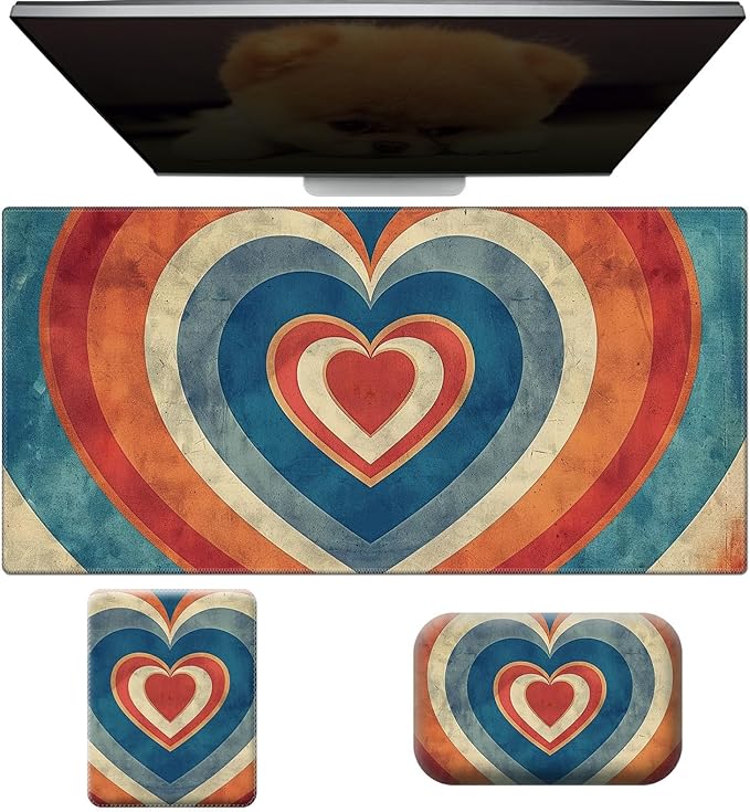 Wrist Rest for Computer Keyboard Small Mouse Pad and Desk Pad Mat 23.6 x 11.8 Set Office Desk Mat Non-Slip PU Desk Mat for Computer Laptop Office Gaming and Writing Orange Blue Heart