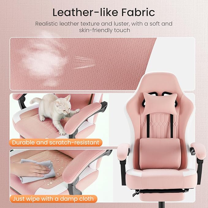 Sweetcrispy Video Gaming Chair - Ergonomic Desk Chair with Footrest and Lumbar Support Height Adjustable High Back Task Chair with Linkage Armrests and Headrest 360° Wheels Pink